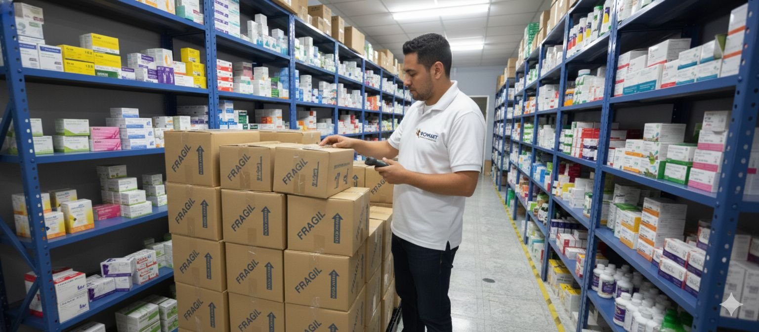 Almacén farmacéutico con pedidos preparados